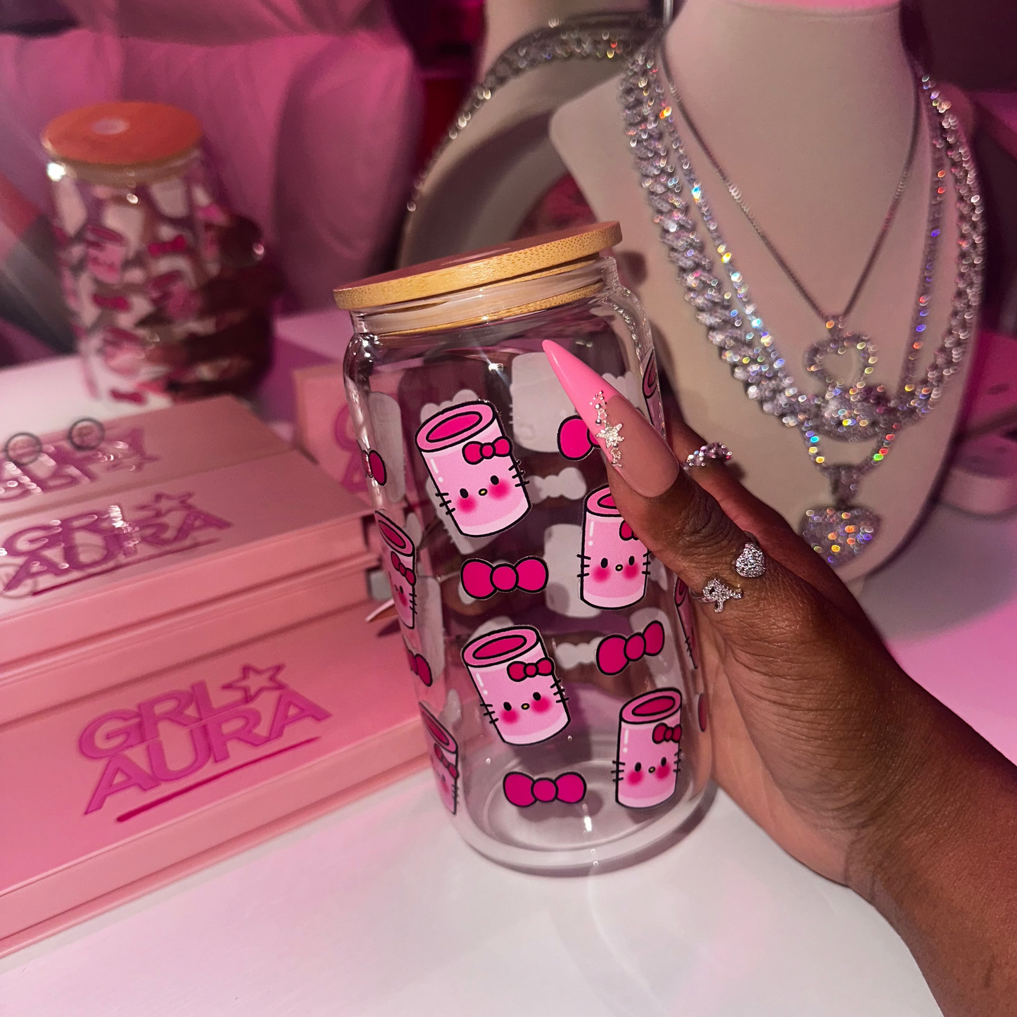Cute Pink Cup & Bow 16oz Glass Cup