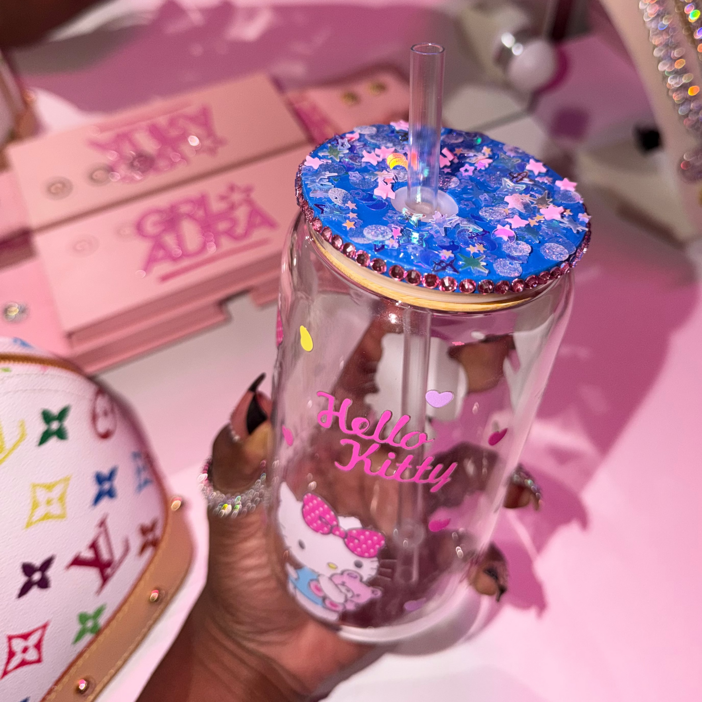 Blue & Pink Cutesy HK 16oz Glass Cup