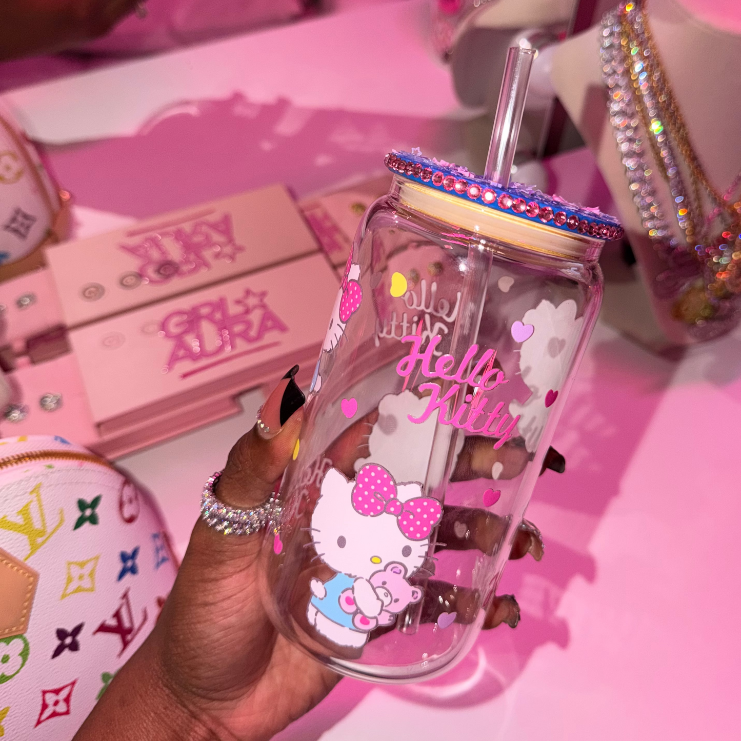 Blue & Pink Cutesy HK 16oz Glass Cup