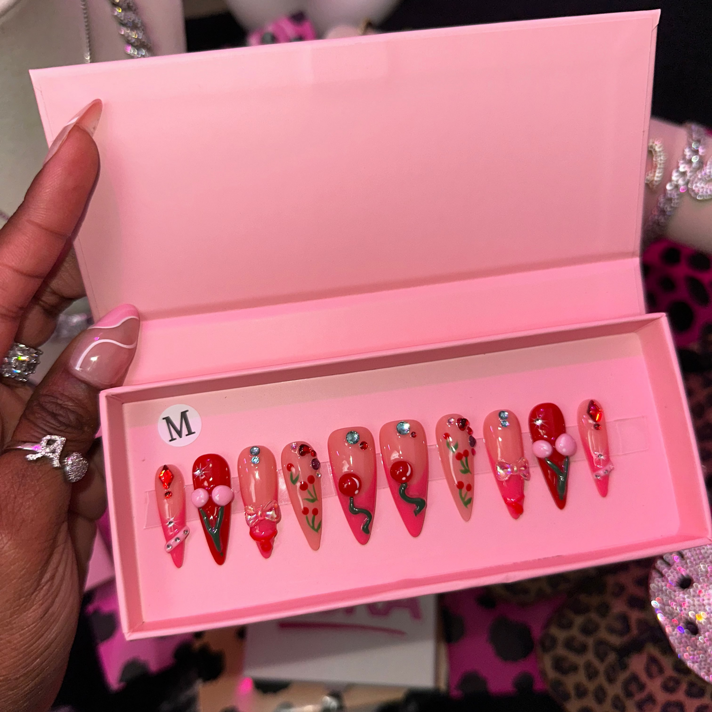Red & Pink Cherry Press On Nails
