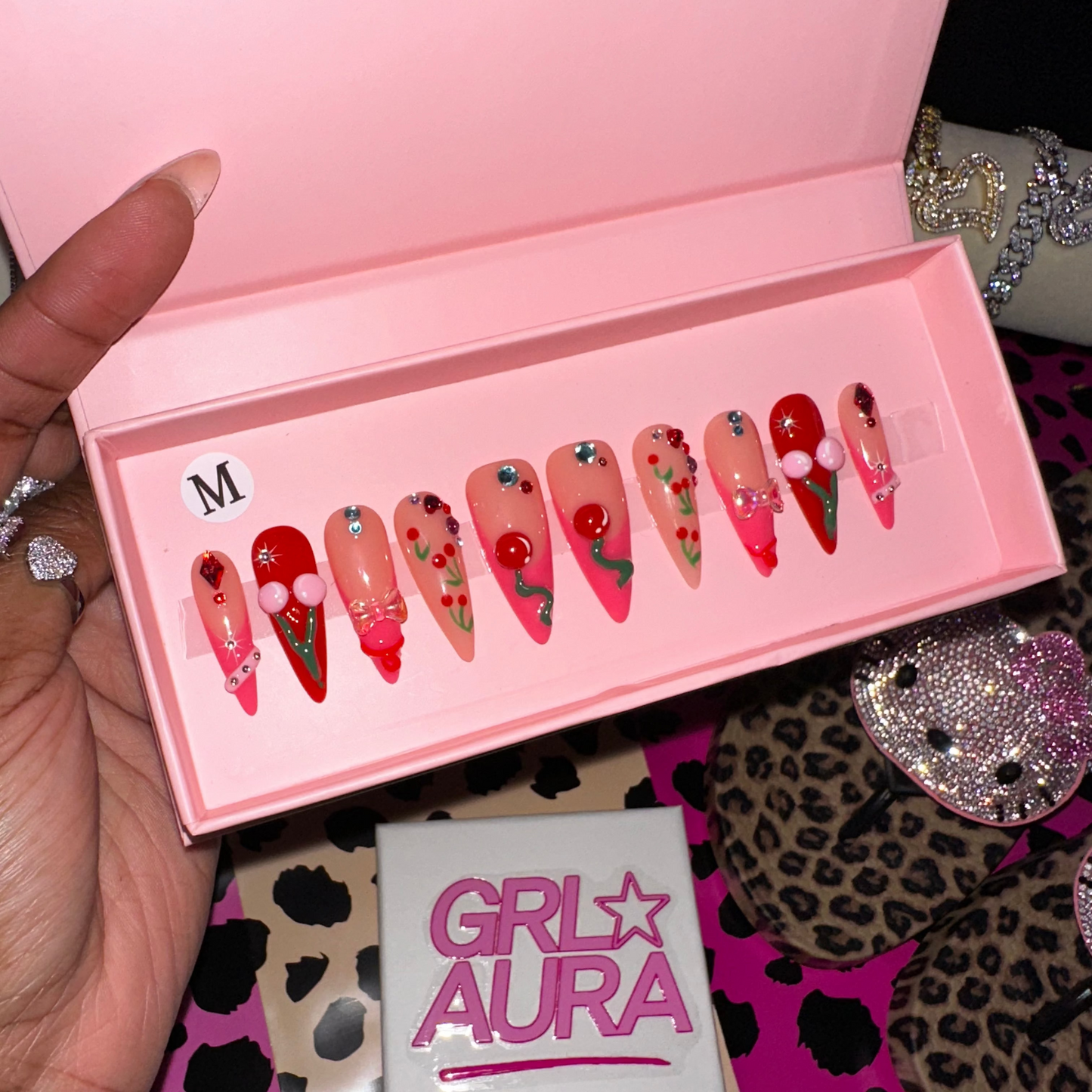 Red & Pink Cherry Press On Nails